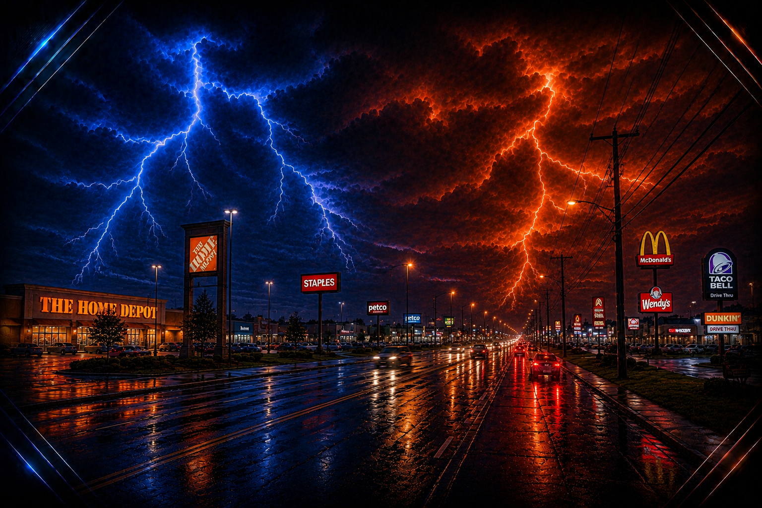 Commercial corridor at dusk beneath blue and amber lightning