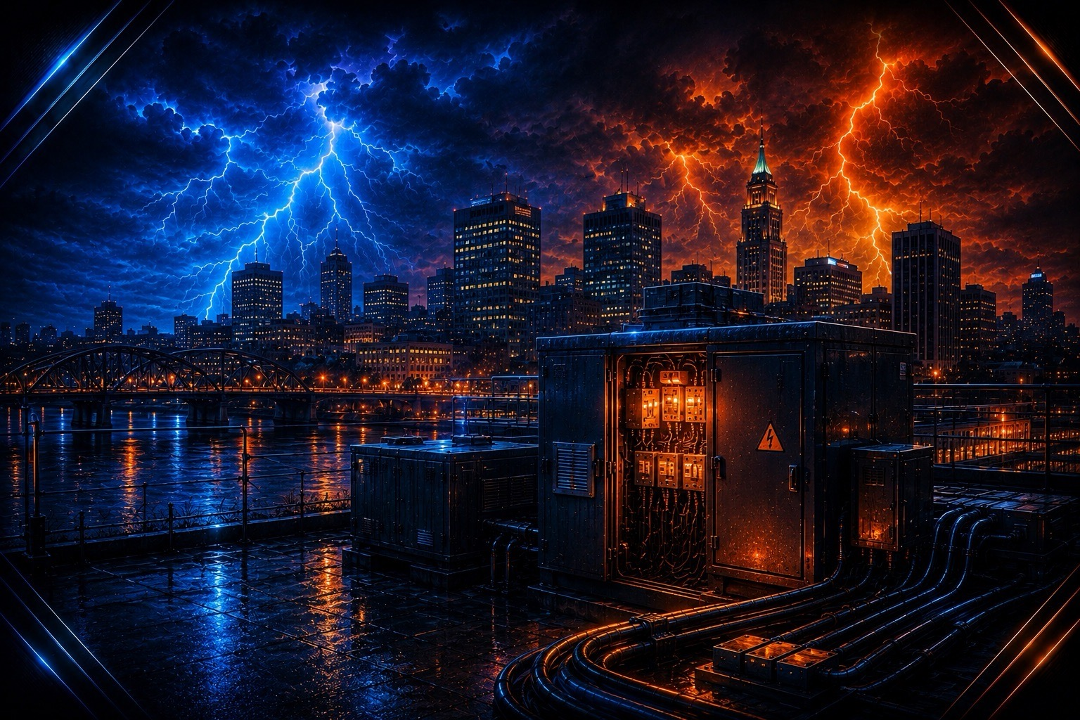 City skyline and electrical equipment beneath blue and amber lightning