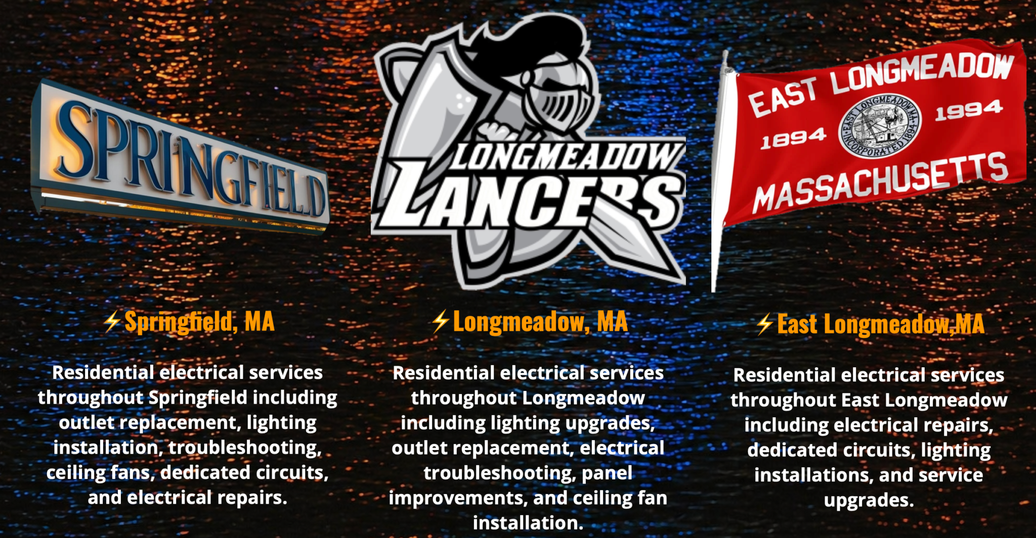Supplied town-reference image showing a Springfield entrance sign, a Longmeadow Lancers emblem, and an East Longmeadow flag against blue and amber lights