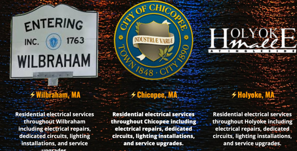 Town-reference image with a Wilbraham entrance sign, a Chicopee seal-style mark, and the Holyoke Small City wordmark